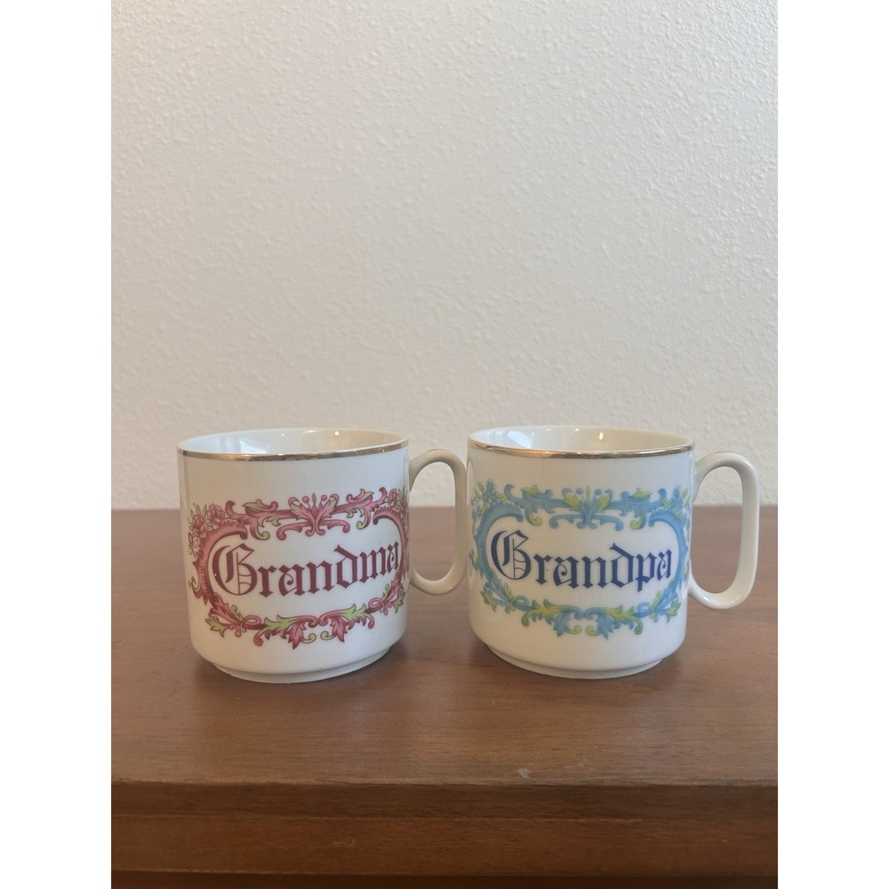 Vintage Retro MCM Grandpa & Grandma Coffee Mug Gold‎ Trim Pink Blue Set Of 2